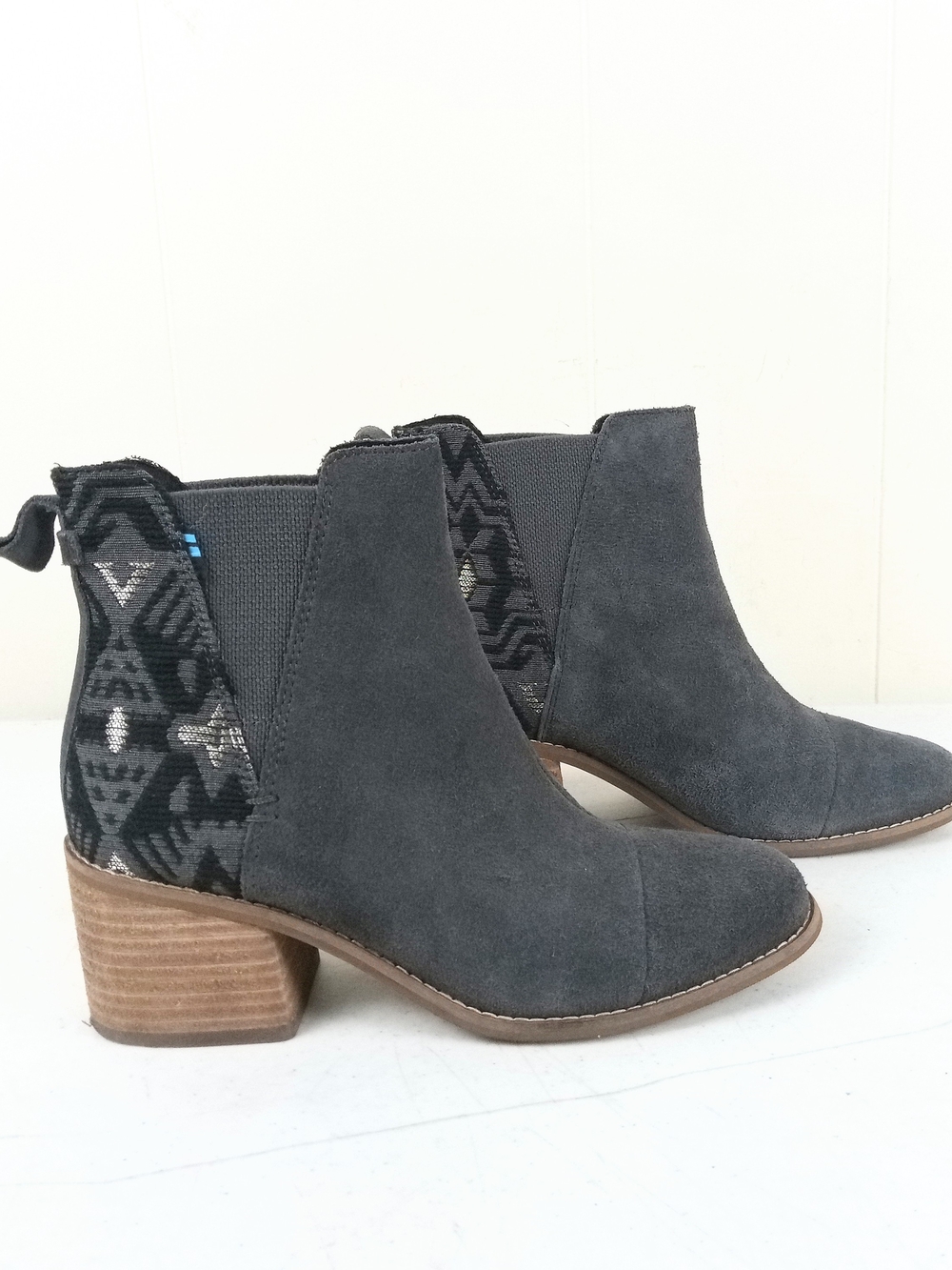 Toms Charcoal Gray Suede Ankle Booties with Patterned Panel Block Heel Women 6.5